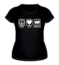 Женская футболка Peace love elephants
